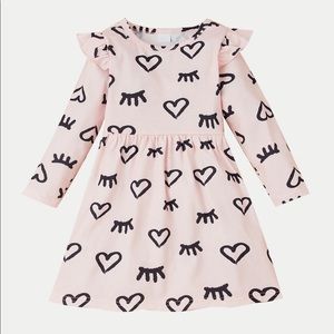 NWOT Girls Heart Pattern Ruffle Shoulder DressSize: 3-4 T Color: Pink
